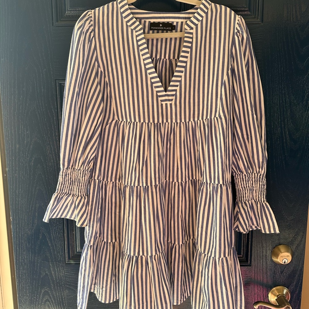 Pomander Place Blue and White Striped Mini Dress